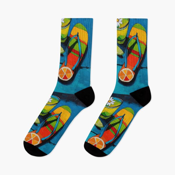 Item preview, Colorful Flip-Flops with Citrus Designs and Refreshing Drink Garnished with Lime Slice and Flower designed and sold by OlfactoART Studio.