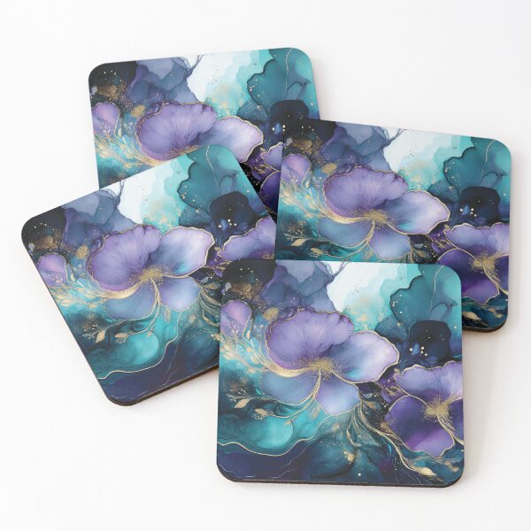 Item preview, Teal BLUE and purple VINTAGE FLOWERS, purple and gold wildflower watercolour garden, deep teal, purple alcohol ink effect, violet floral spring painting designed and sold by navitalidesign.