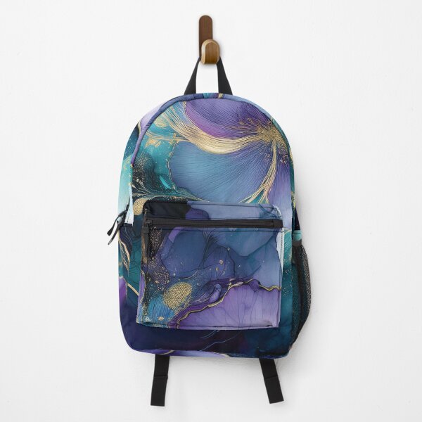 Item preview, Teal BLUE and purple VINTAGE FLOWERS, purple and gold wildflower watercolour garden, deep teal, purple alcohol ink effect, violet floral spring painting designed and sold by navitalidesign.
