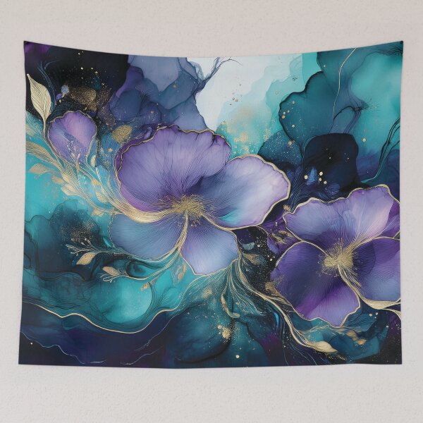 Item preview, Teal BLUE and purple VINTAGE FLOWERS, purple and gold wildflower watercolour garden, deep teal, purple alcohol ink effect, violet floral spring painting  designed and sold by navitalidesign.