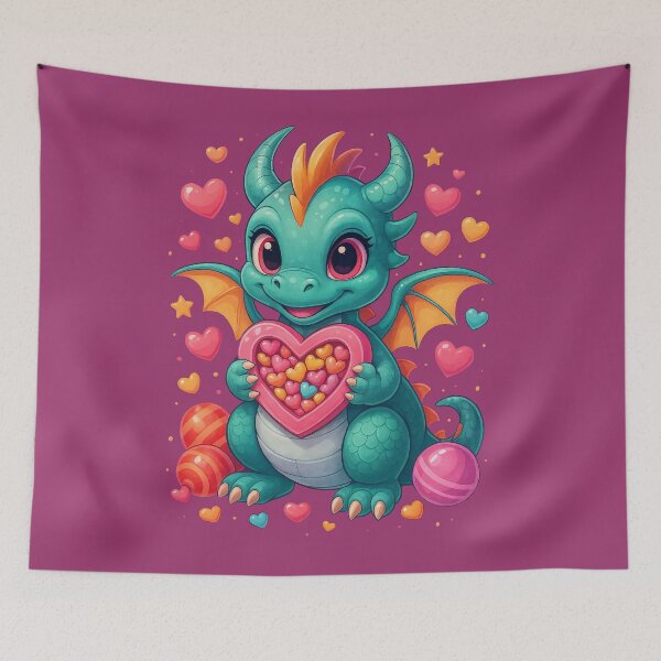 Aperçu de l'œuvre Adorable bébé dragon tenant une boîte en forme de cœur avec des cœurs colorés créée et vendue par Victor Shadehorn.