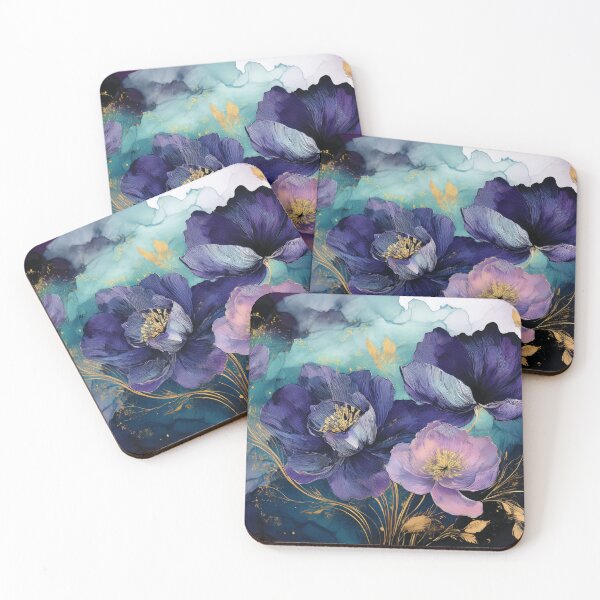 Item preview, Teal BLUE and purple pink VINTAGE FLOWERS, purple and gold wildflower watercolour garden, deep teal, purple alcohol ink effect, violet floral spring painting designed and sold by navitalidesign.