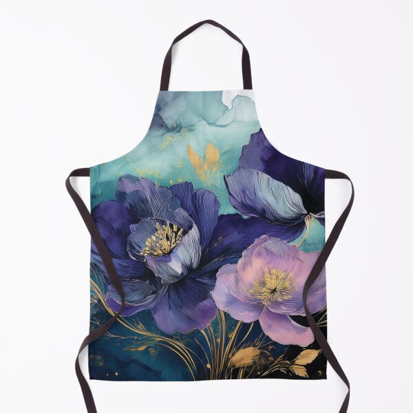 Item preview, Teal BLUE and purple pink VINTAGE FLOWERS, purple and gold wildflower watercolour garden, deep teal, purple alcohol ink effect, violet floral spring painting designed and sold by navitalidesign.