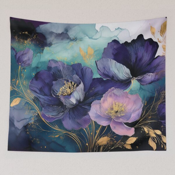 Item preview, Teal BLUE and purple pink VINTAGE FLOWERS, purple and gold wildflower watercolour garden, deep teal, purple alcohol ink effect, violet floral spring painting  designed and sold by navitalidesign.