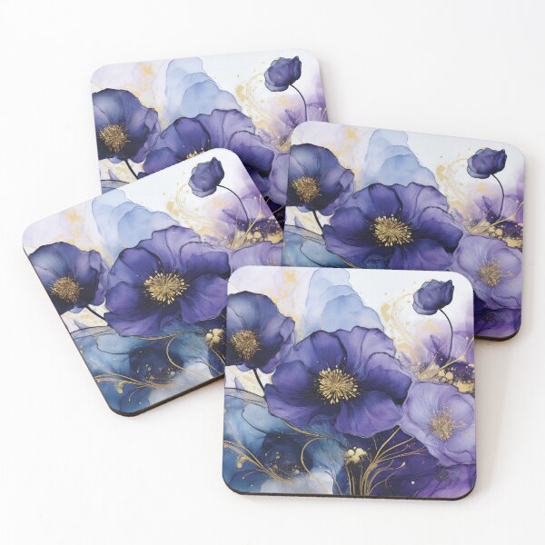 Item preview, Purple, blue, gold VINTAGE FLOWERS, purple and gold wildflower watercolour garden, deep teal, purple alcohol ink effect, violet floral spring painting designed and sold by navitalidesign.