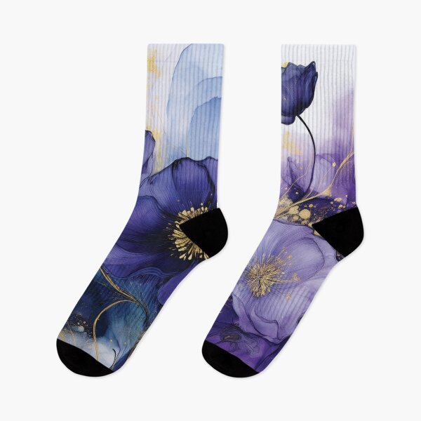 Item preview, Purple, blue, gold VINTAGE FLOWERS, purple and gold wildflower watercolour garden, deep teal, purple alcohol ink effect, violet floral spring painting  designed and sold by navitalidesign.