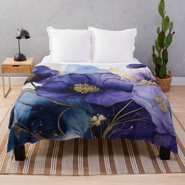 Item preview, Purple, blue, gold VINTAGE FLOWERS, purple and gold wildflower watercolour garden, deep teal, purple alcohol ink effect, violet floral spring painting designed and sold by navitalidesign.