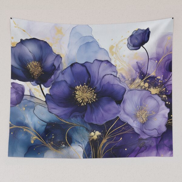 Item preview, Purple, blue, gold VINTAGE FLOWERS, purple and gold wildflower watercolour garden, deep teal, purple alcohol ink effect, violet floral spring painting  designed and sold by navitalidesign.