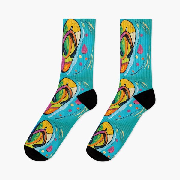 Item preview, Vibrant Flip Flops with Bold Patterns Against a Swirling Turquoise Summer Backdrop designed and sold by OlfactoART Studio.