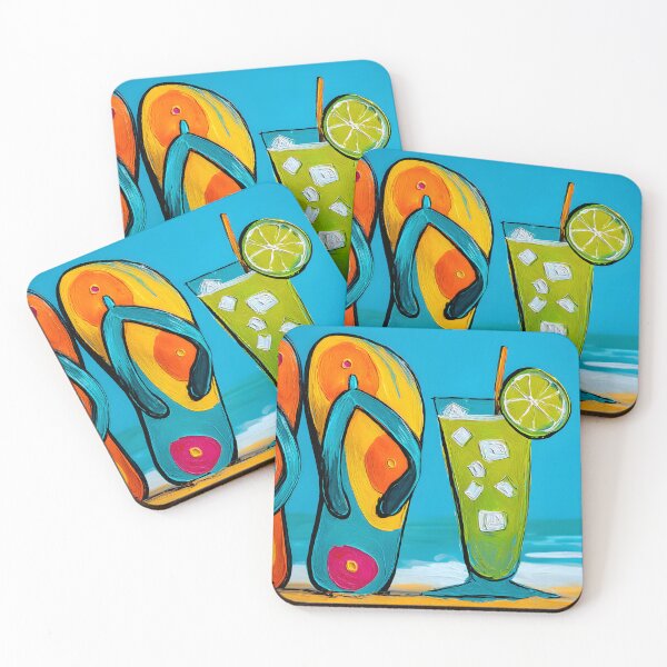 Item preview, Vibrant Flip Flops and Refreshing Lime Cocktail Set Against a Sunny Beach Scene designed and sold by OlfactoART Studio.