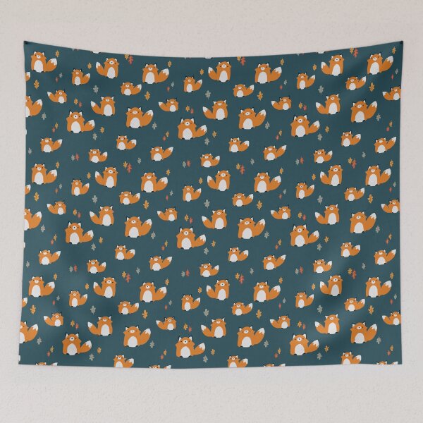 Item preview, Cute Kawaii Foxes and Oak Leaves Crayon Drawing Pattern - Dark Teal Blue designed and sold by Valerie Englehart.