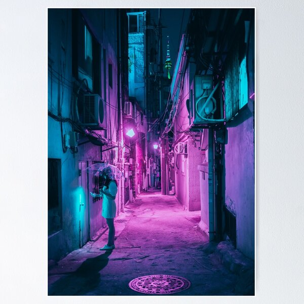 Vista previa del artículo con la obra «Ciudad rosa neón en Cyberpunk Seúl», diseñado y vendido por Steve Roe.