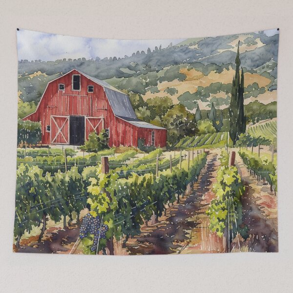 Item preview, Watercolor Painting of a Barn and Grape Vineyard designed and sold by Myra365Art.