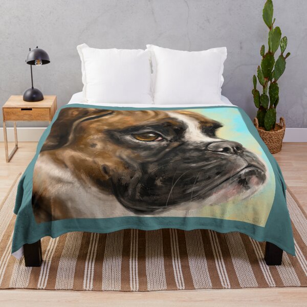 Item preview, Painting of a Brown and White Boxer Dog Side Profile on Yellow Blue Background designed and sold by ibadishi.