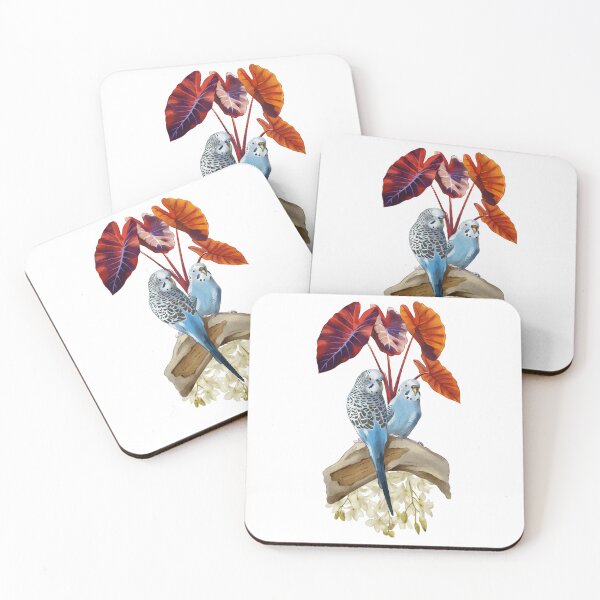 Item preview, Colorful parakeets perched on a branch surrounded by vibrant leaves in a lush botanical setting designed and sold by Ms. Iryna.