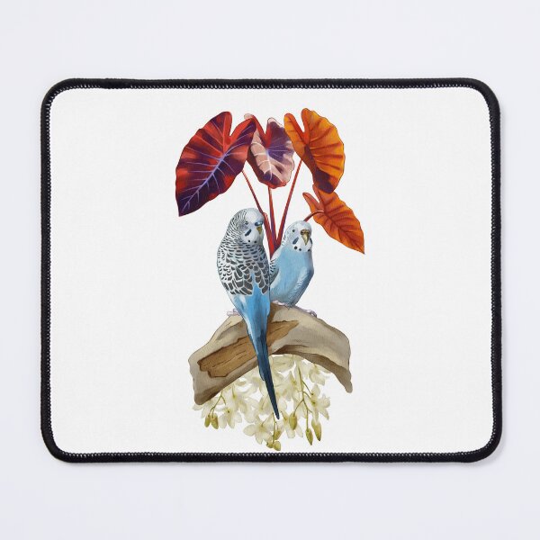 Item preview, Colorful parakeets perched on a branch surrounded by vibrant leaves in a lush botanical setting designed and sold by Ms. Iryna.