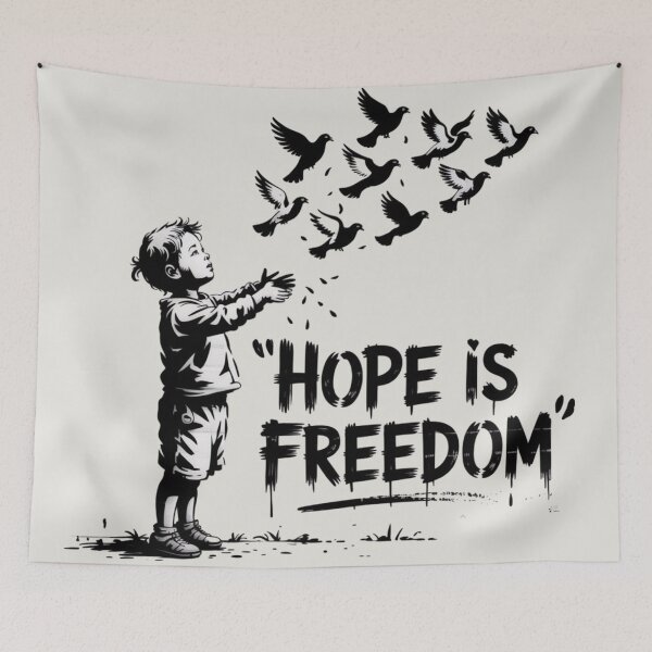 Item preview, A distressed, stencil-style Banksy graffiti mural depicting a lone child releasing a flock of pigeons into a stark white sky.  designed and sold by 123ks.