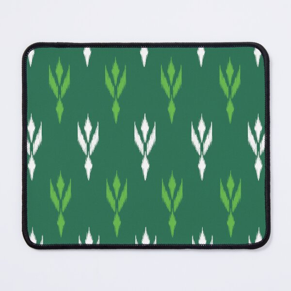 Item preview, A repeating pattern of stylized floral or geometric motifs in white and light green against a dark green background, creating a textured, ikat-like effect. designed and sold by Theerapol Buphasiri.