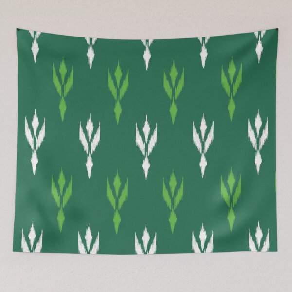 Item preview, A repeating pattern of stylized floral or geometric motifs in white and light green against a dark green background, creating a textured, ikat-like effect. designed and sold by Theerapol Buphasiri.