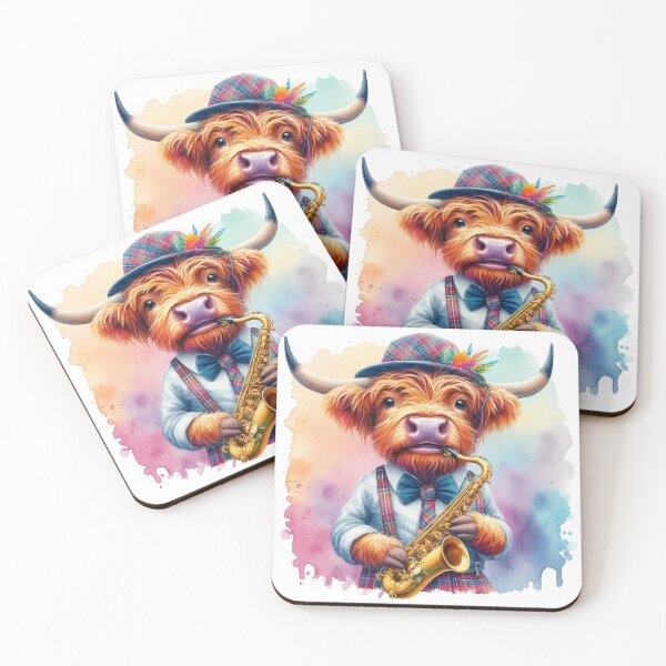 Item preview, Scottish Highland Cow playing Jazz on the Saxophone Colorful Watercolor designed and sold by MaedK.