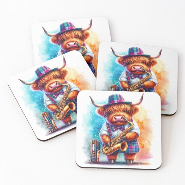 Item preview, Scottish Highland Cow playing Jazz on the Saxophone Colorful Watercolor designed and sold by MaedK.