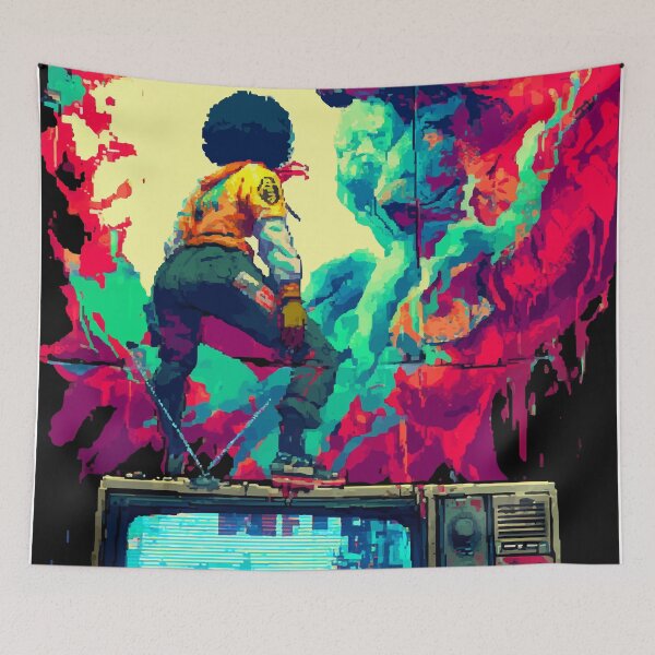 Item preview, Retro Futuristic Afro Girl with Parrots, Skulls, and Neon Vibes designed and sold by Moss and Moon Studio.