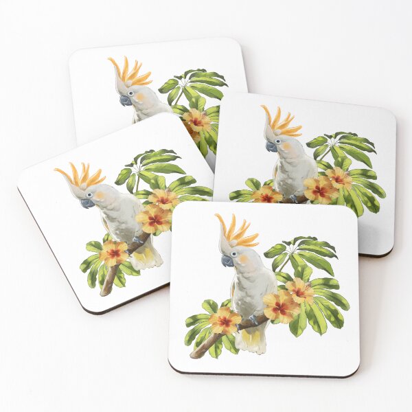 Item preview, Cockatoo perched on a branch amidst tropical flowers in a vibrant setting designed and sold by Ms. Iryna.