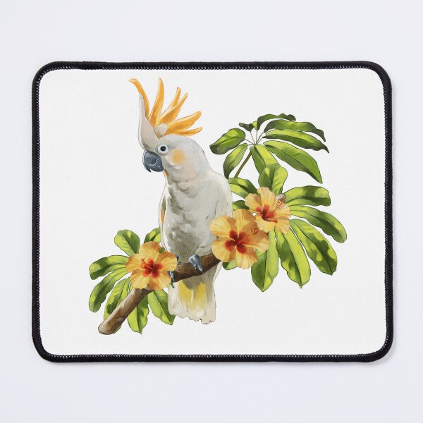 Item preview, Cockatoo perched on a branch amidst tropical flowers in a vibrant setting designed and sold by Ms. Iryna.