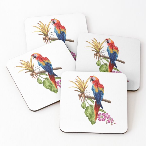 Item preview, Colorful macaw perched on a branch with tropical foliage and flowers in a vibrant setting designed and sold by Ms. Iryna.