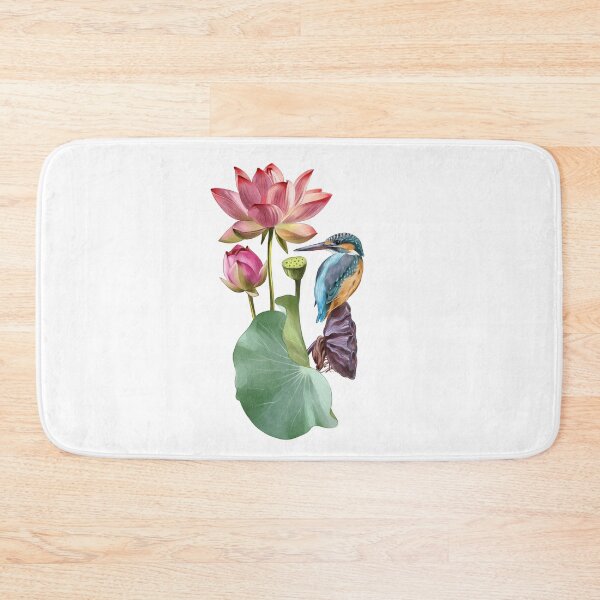 Item preview, Colorful kingfisher perched beside blooming lotus flowers in a tranquil natural setting designed and sold by Ms. Iryna.