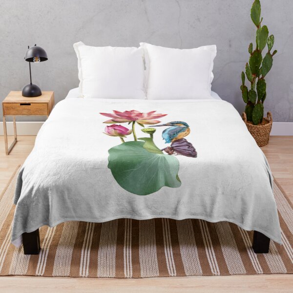 Item preview, Colorful kingfisher perched beside blooming lotus flowers in a tranquil natural setting designed and sold by Ms. Iryna.