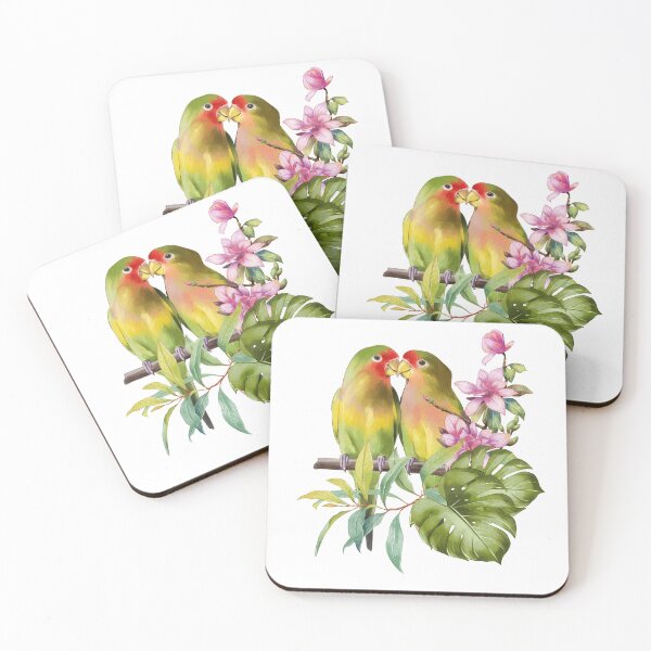 Item preview, Colorful lovebirds perched among vibrant flowers and leaves in a tropical setting designed and sold by Ms. Iryna.