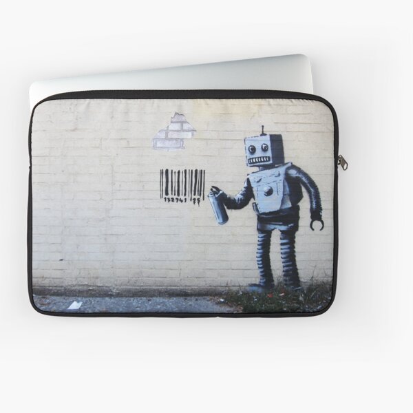 Banksy graffiti smiling Robot and barcodes Better Out Than In New York City residency on brick wall Laptop Sleeve