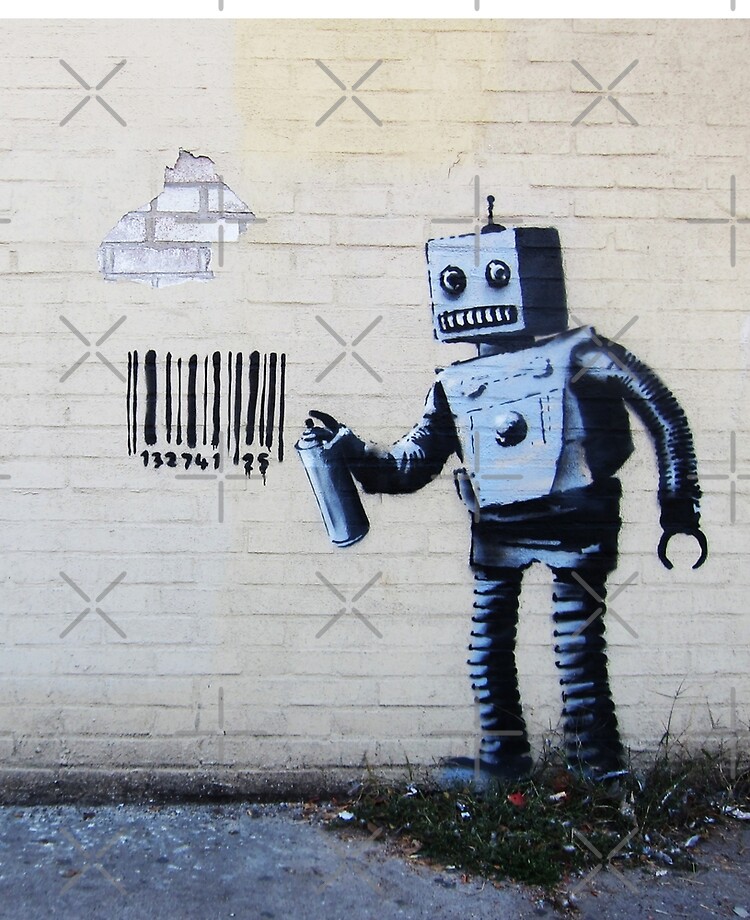 Banksy graffiti smiling Robot and barcodes Better Out Than In New York City  residency on brick wall