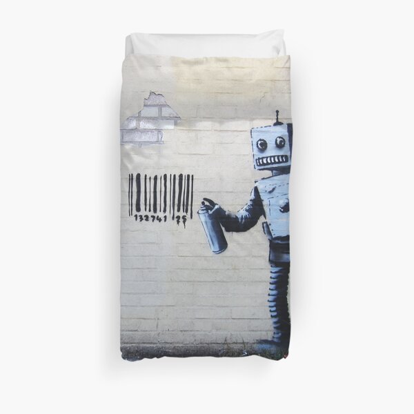 Banksy graffiti smiling Robot and barcodes Better Out Than In New York City residency on brick wall Duvet Cover