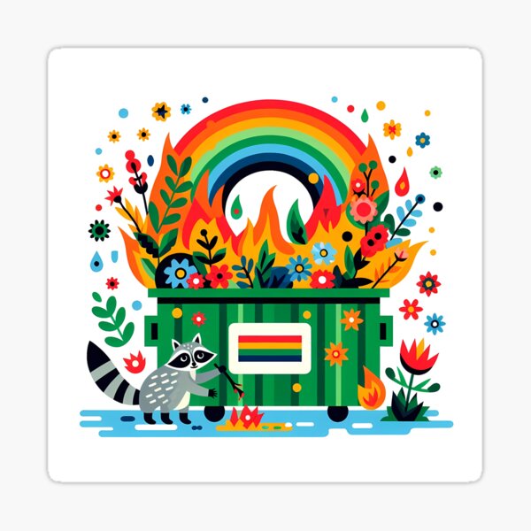 Item preview, Cute Raccoon and the Flaming Floral Dumpster - Scandinavian Folk Art by heidiannemorris © designed and sold by FOLK ART FUSION by heidiannemorris.