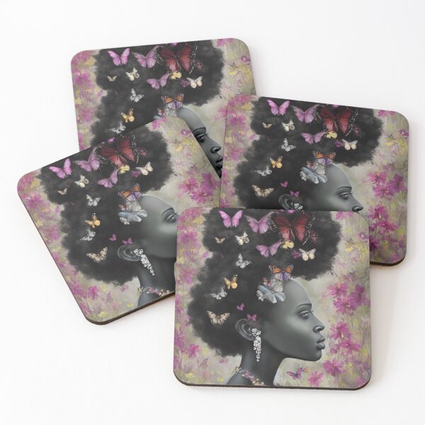 Item preview, Black Woman Profile With Big Hair And Butterflies On A Purple Floral Background designed and sold by CarrollGene.