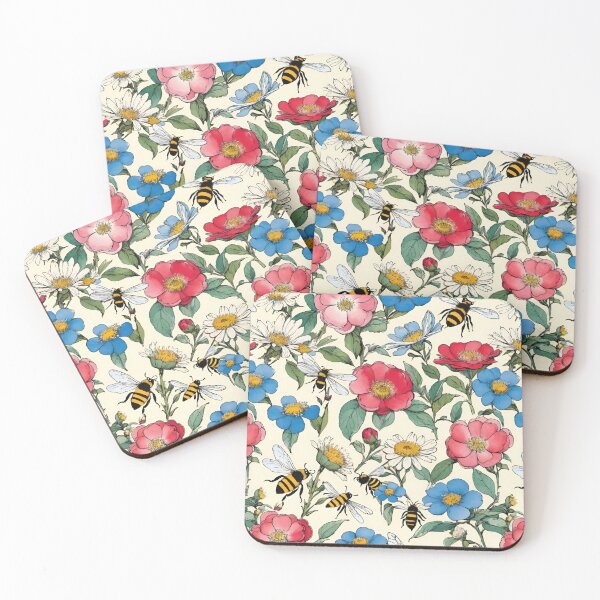 Item preview, Camellias Forget-Me-Nots and Bees on Pale Yellow Backgound designed and sold by CarrollGene.