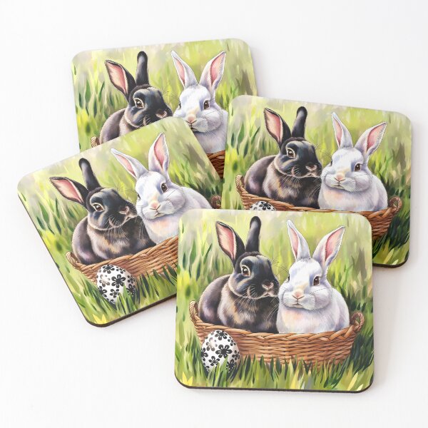 Item preview, A black and a white Rabbit in a backet in the grass with a black floral patterned egg in front watercolor designed and sold by EmeraldeaArt.