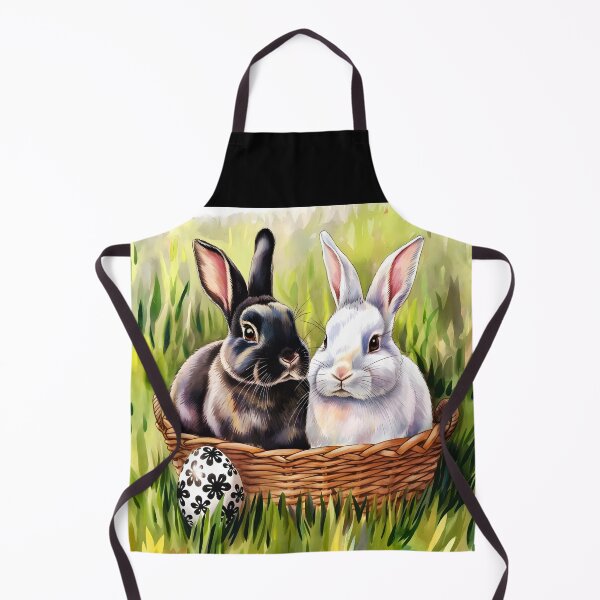 Item preview, A black and a white Rabbit in a backet in the grass with a black floral patterned egg in front watercolor designed and sold by EmeraldeaArt.