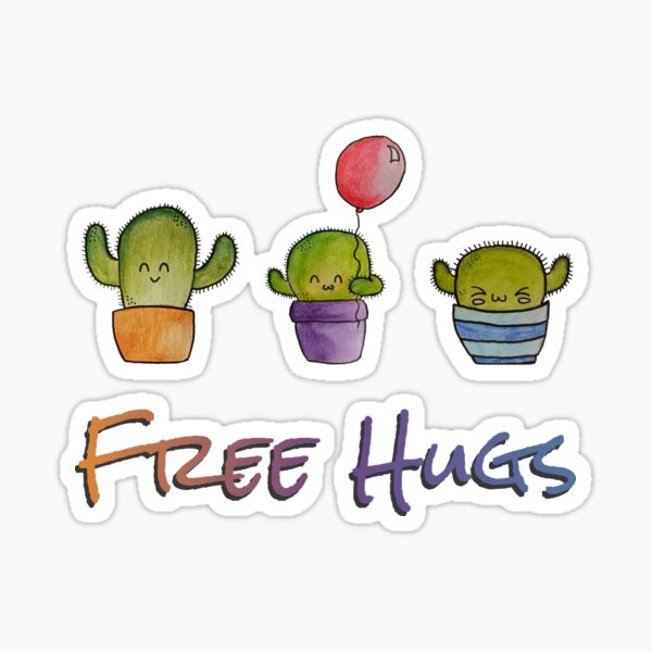 Free Hugs – Happy Cactus Trio Illustration Sticker