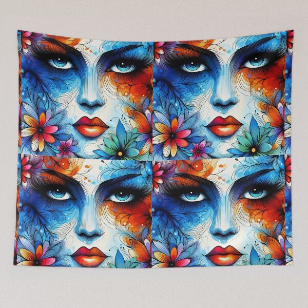 Item preview,  Colorful bluish female face floral lineart illustration designed and sold by EmeraldeaArt.