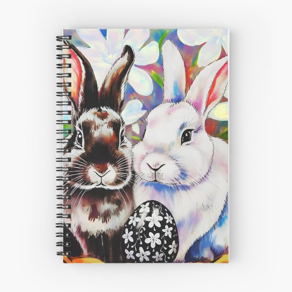 Item preview, A black and a white Rabbit in a bucket with a floral patterned egg watercolor designed and sold by EmeraldeaArt.