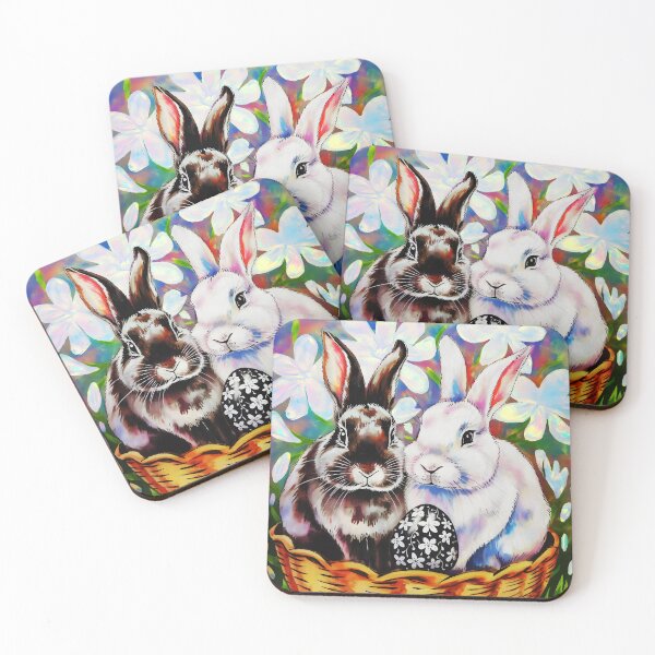 Item preview, A black and a white Rabbit in a bucket with a floral patterned egg watercolor designed and sold by EmeraldeaArt.