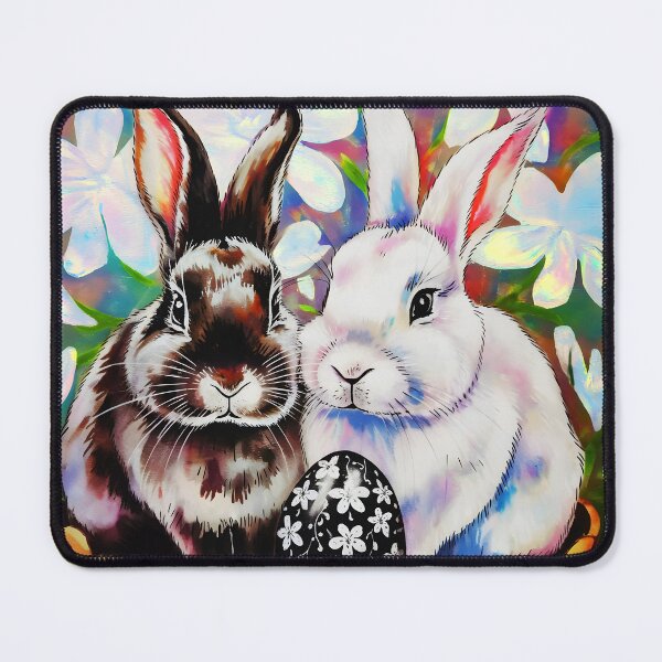 Item preview, A black and a white Rabbit in a bucket with a floral patterned egg watercolor designed and sold by EmeraldeaArt.