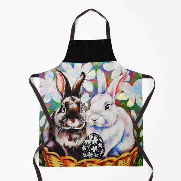 Item preview, A black and a white Rabbit in a bucket with a floral patterned egg watercolor designed and sold by EmeraldeaArt.