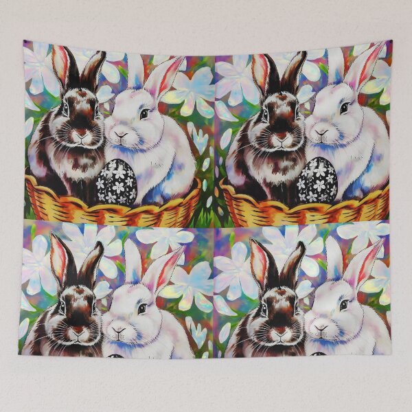 Item preview, A black and a white Rabbit in a bucket with a floral patterned egg watercolor designed and sold by EmeraldeaArt.