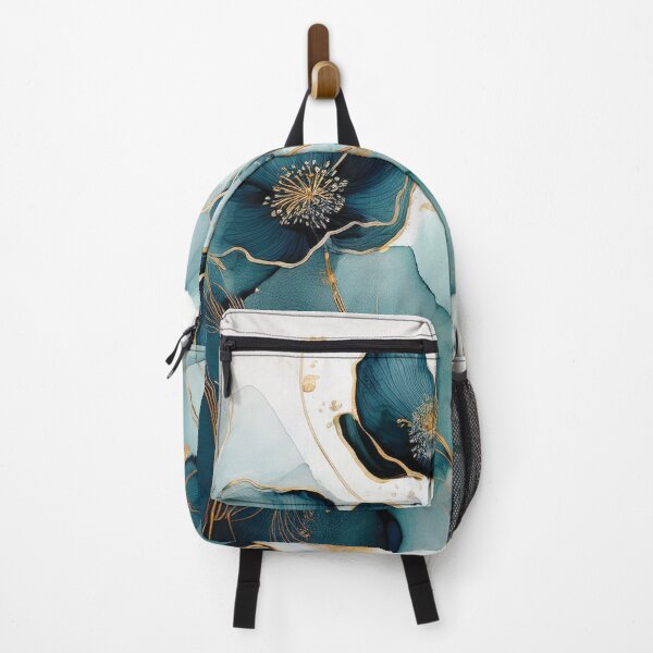 Item preview, Dark teal blue and gold VINTAGE FLOWERS, teal and white wildflower watercolour garden, deep teal alcohol ink effect, blue-green floral spring painting designed and sold by navitalidesign.