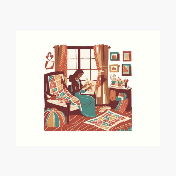 Aperçu de l'œuvre Maman fait du patchwork dans sa chambre douillette et mignonne - Quilting Lover créée et vendue par Wiss2Arts.