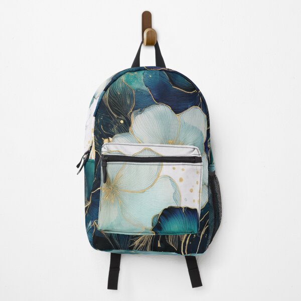 Item preview, Dark teal blue and gold VINTAGE FLOWERS 2, teal and white wildflower watercolour garden, deep teal alcohol ink effect, blue-green floral spring painting designed and sold by navitalidesign.
